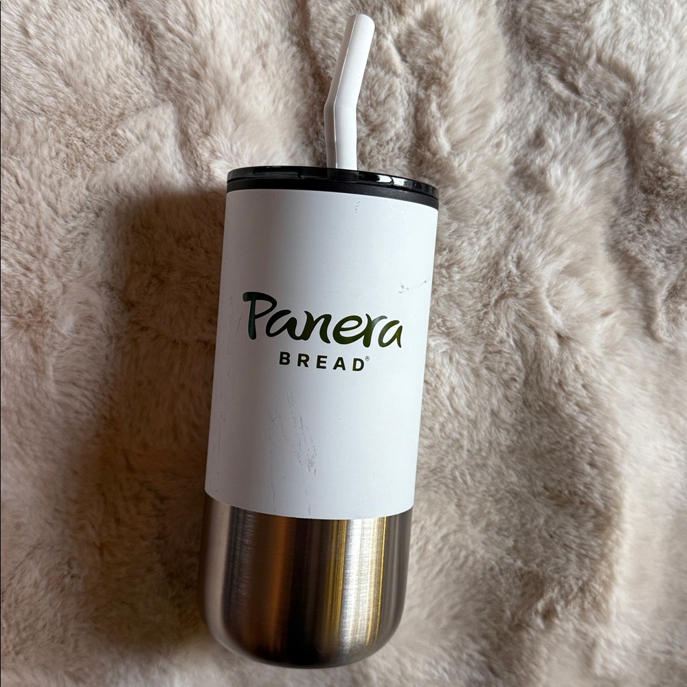 Panera Bread Reusable Coffee Tumbler white silver straw unused
